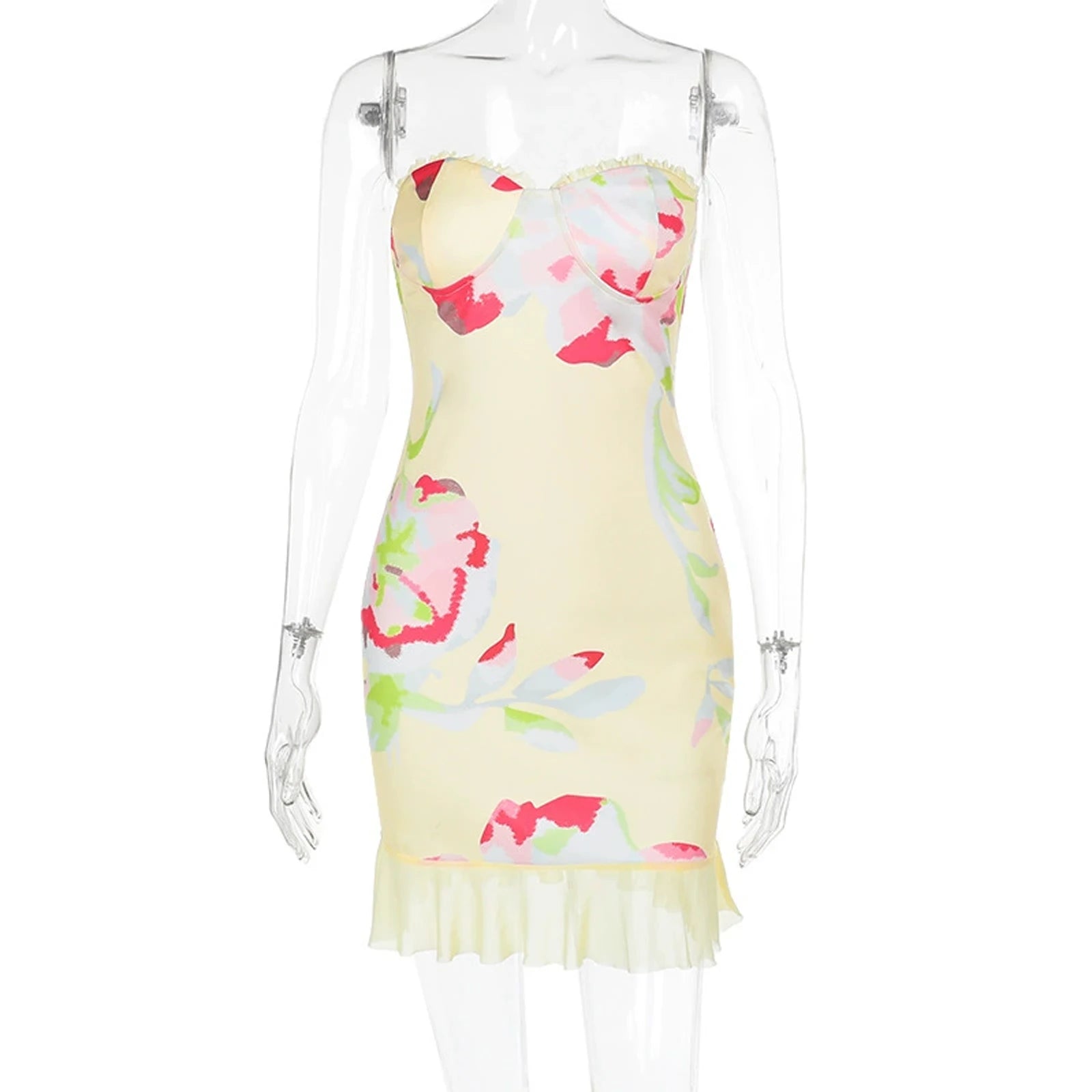 BXOXO Ruffles Print Slim Bodycon Dress Women Strapless Mini 2025 Spring Summer Dress Mesh Niughtclub Sexy Party Dresses