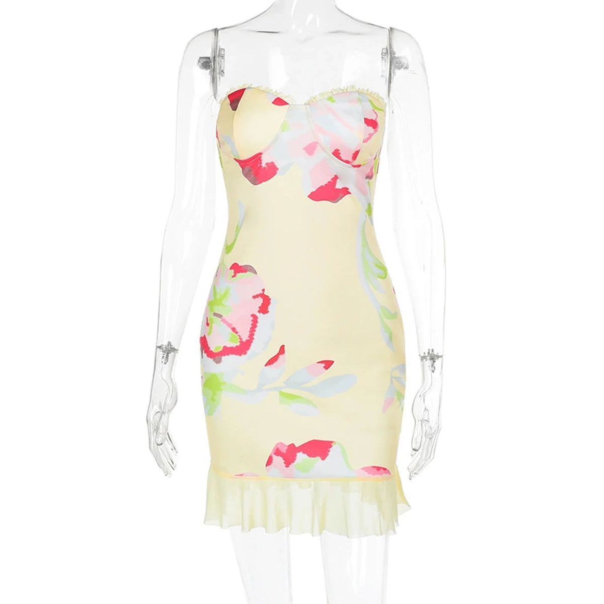 BXOXO Ruffles Print Slim Bodycon Dress Women Strapless Mini 2025 Spring Summer Dress Mesh Niughtclub Sexy Party Dresses
