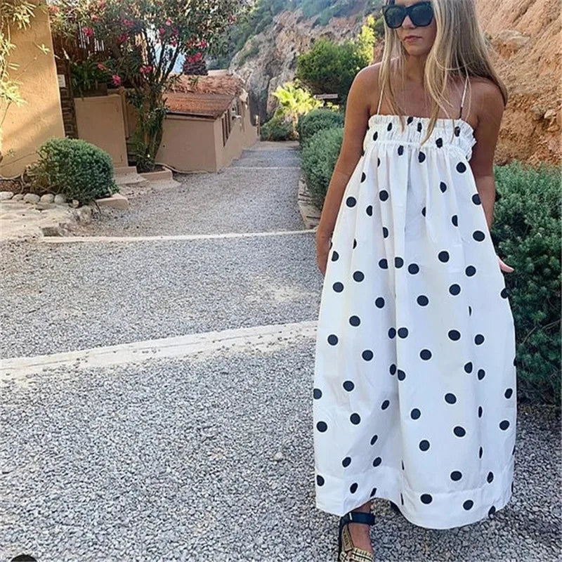 BXOXO Y2k Polka Dot Smocked Tiered Maxi Dress Bow Tie Shoulder Boho Midi Sun Dress Casual Beach Long Dresses for Women