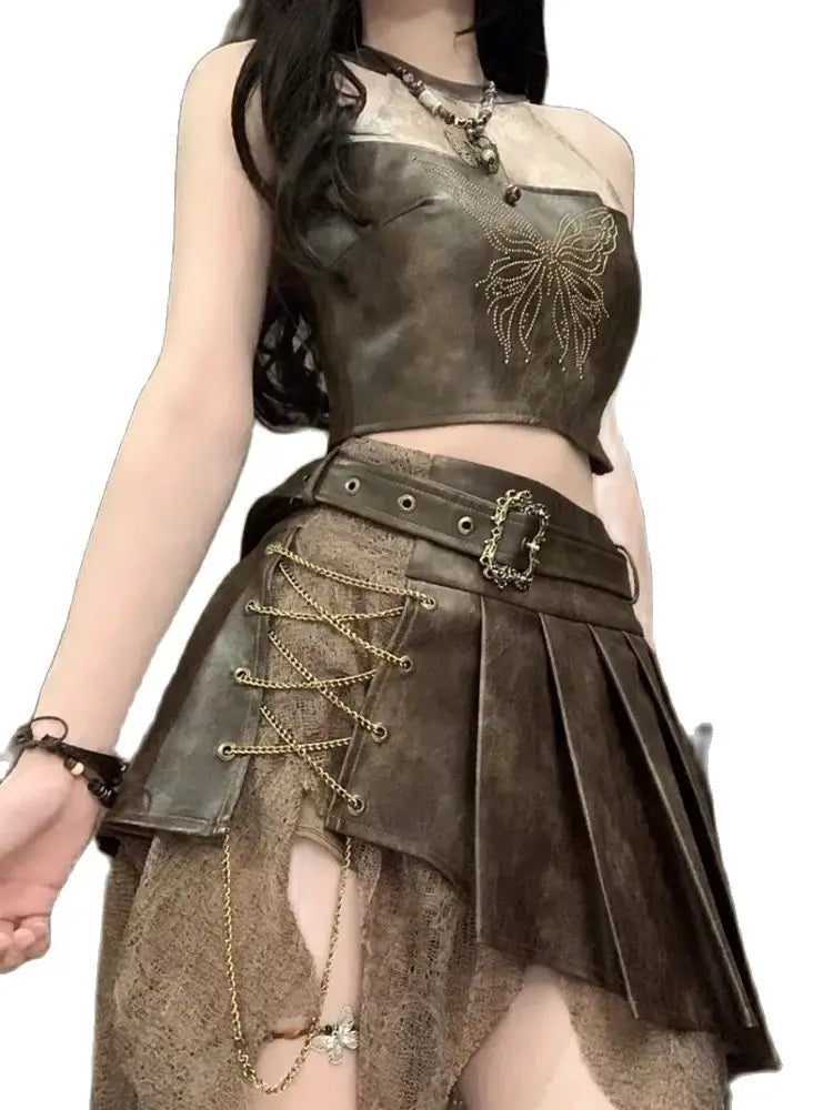 Bxoxo Cool Design Neck Sleeveless Top High Waist Irregular Splicing Lace Retro Suit Tide Pure Desire Wind Spice Girls Women's Clothing