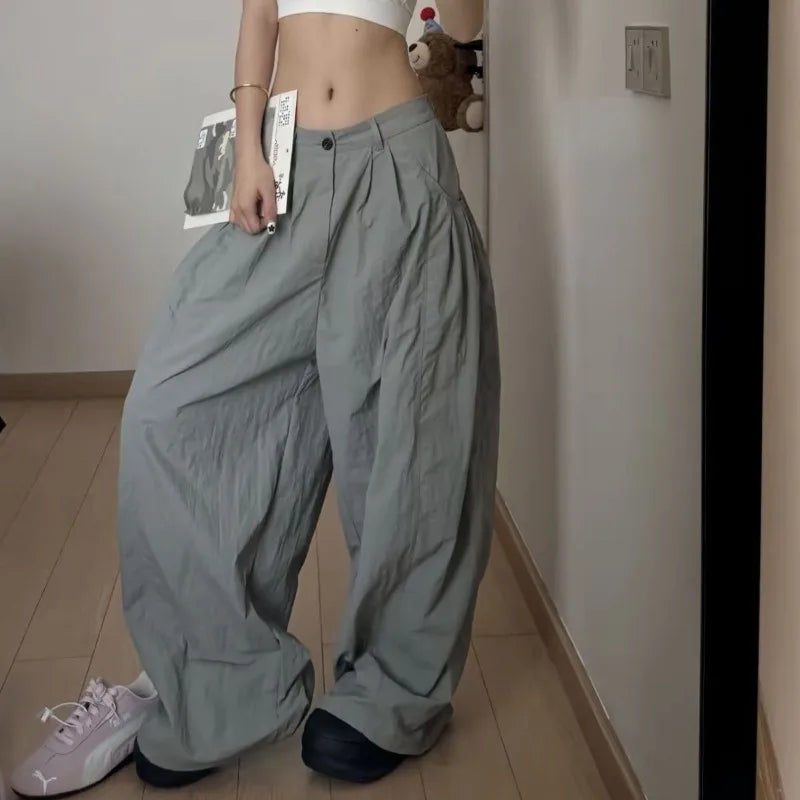 Bxoxo Gary Oversized Women Cargo Pants Wide Leg Elastic High Solid Color Korean Fashion Baggy Trousers Grunge Streetwear