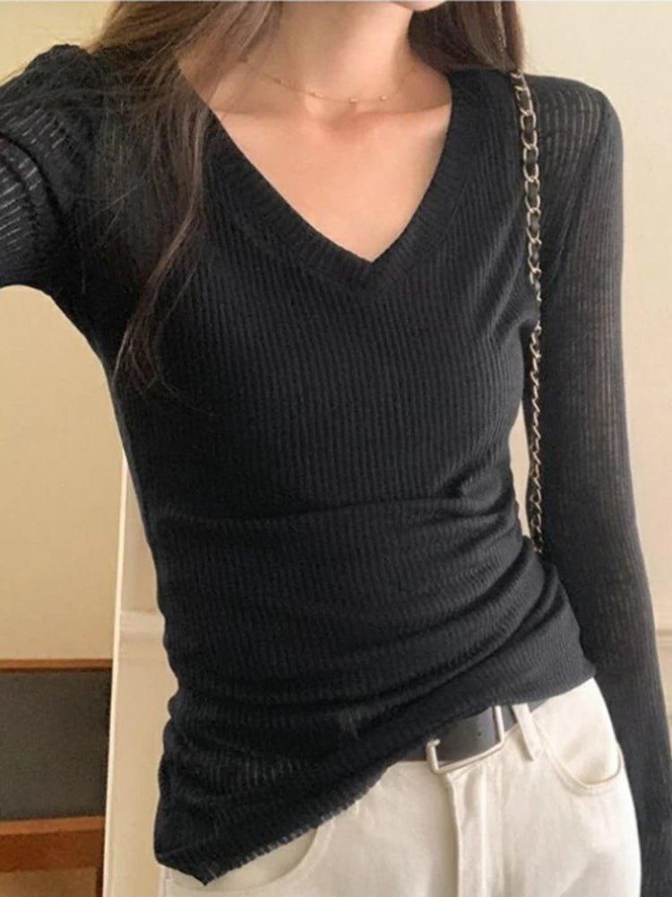 Bxoxo Women Long Sleeve T Shirt Thin Perspective Summer Solid Slim Casual Shirts Female Pullovers Basic Tee Y2k Clothes Streetwear Top