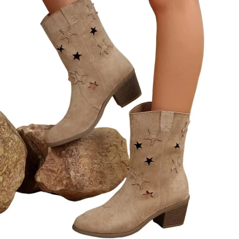 BXOXO Women's Summer Retro Round Toe Chunky Heels Vegan Suede Western Boots with Hollow Design and Rivets Cowboy Boots Shoes
