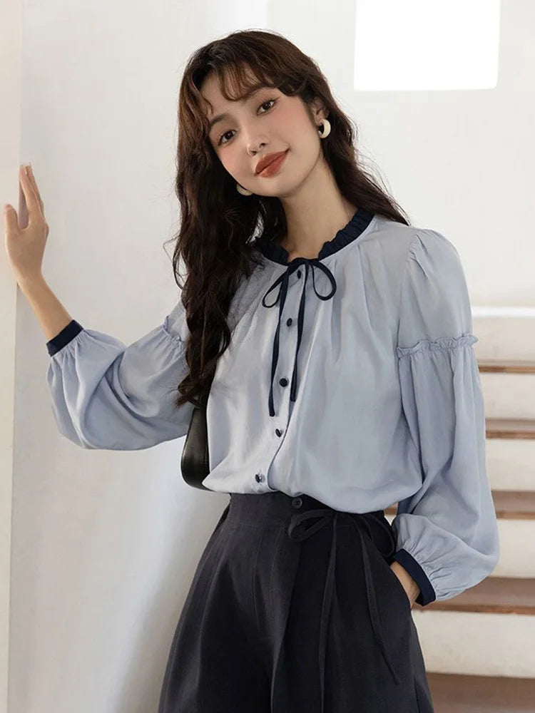 Bxoxo Sweet Retro Blue Blouse Women Elegant Long Sleeve Japan Shirt Fall Loose Preppy Style Ruffles Lace Up Vintage Lady Tops New