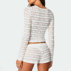 BXOXO Women Y2K Floral Lace Shorts Set 2 Piece Sheer Outfits Long Sleeve Semi See Through Top Bodycon Shorts Matching Set