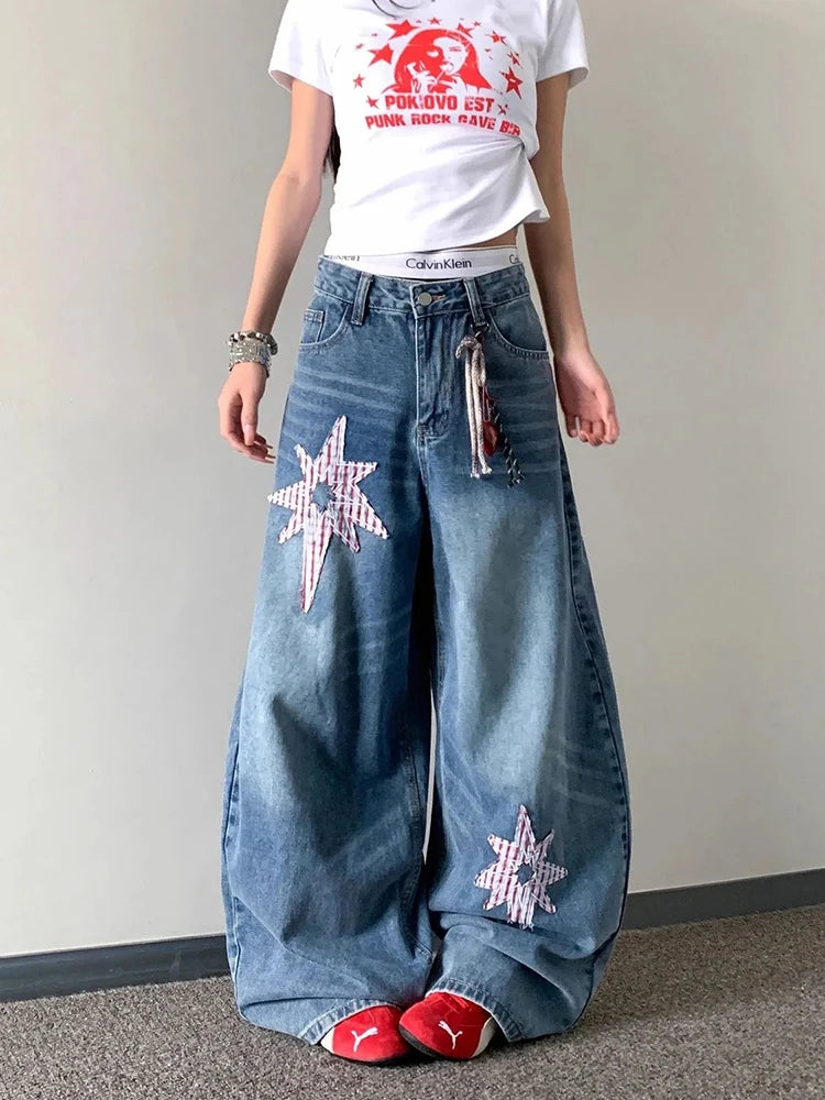 Bxoxo Y2K Star Patches Women Denim Pants Autumn Loose Streetwear Casual Wide Leg Jeans Bf American Hip Hop Punk Machete Trousers New