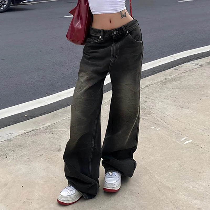 Bxoxo Streetwear Grunge Baggy Jeans Women Vintage Distressed Straight Leg Y2K Denim Pants 90s Aesthetic Outfits Washed Chic