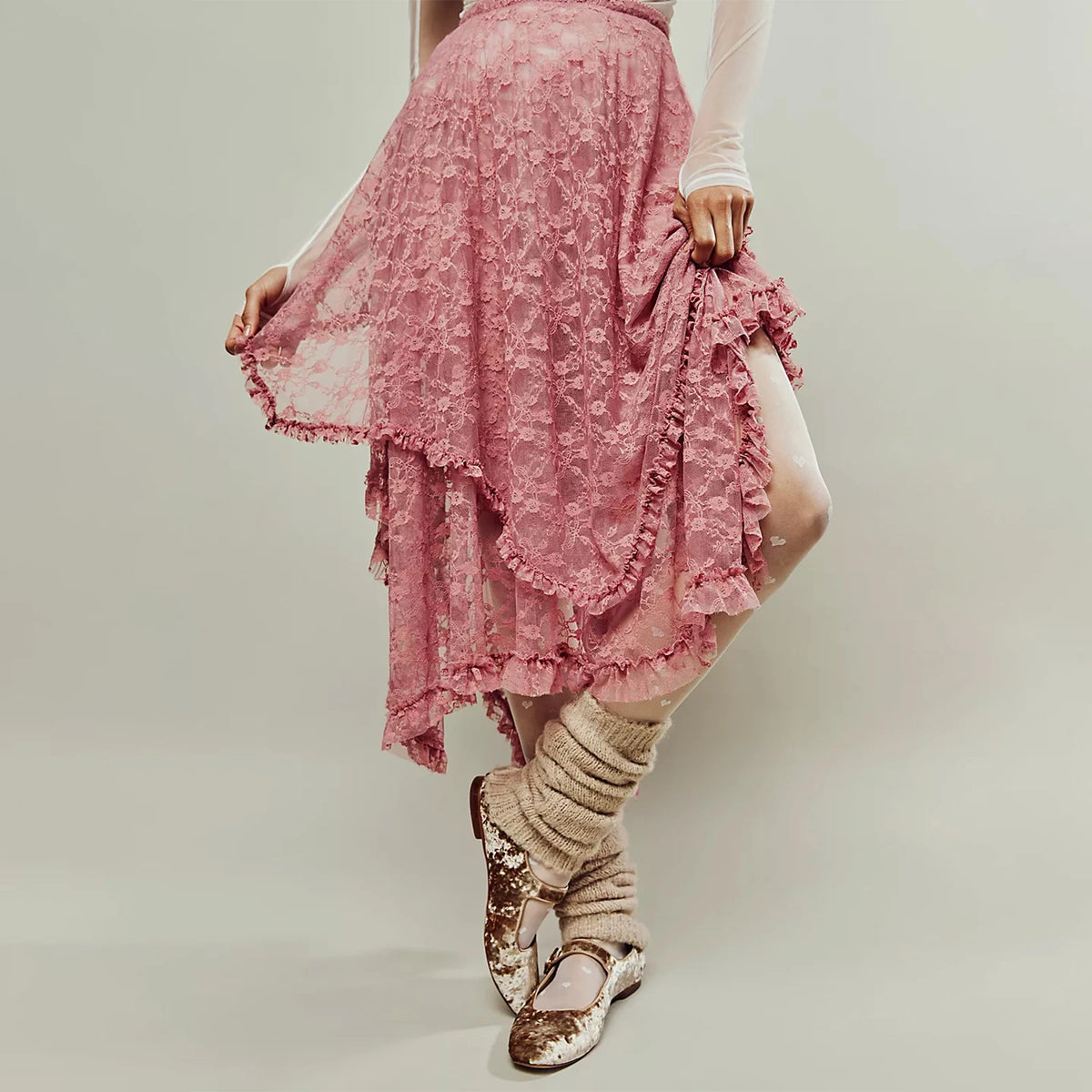 BXOXO Floral Lace Long Skirt for Women Y2K Elastic Waist Asymmetrical Layered Maxi Skirt Sexy See Through Flowy Beach Skirt