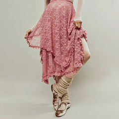 BXOXO Floral Lace Long Skirt for Women Y2K Elastic Waist Asymmetrical Layered Maxi Skirt Sexy See Through Flowy Beach Skirt