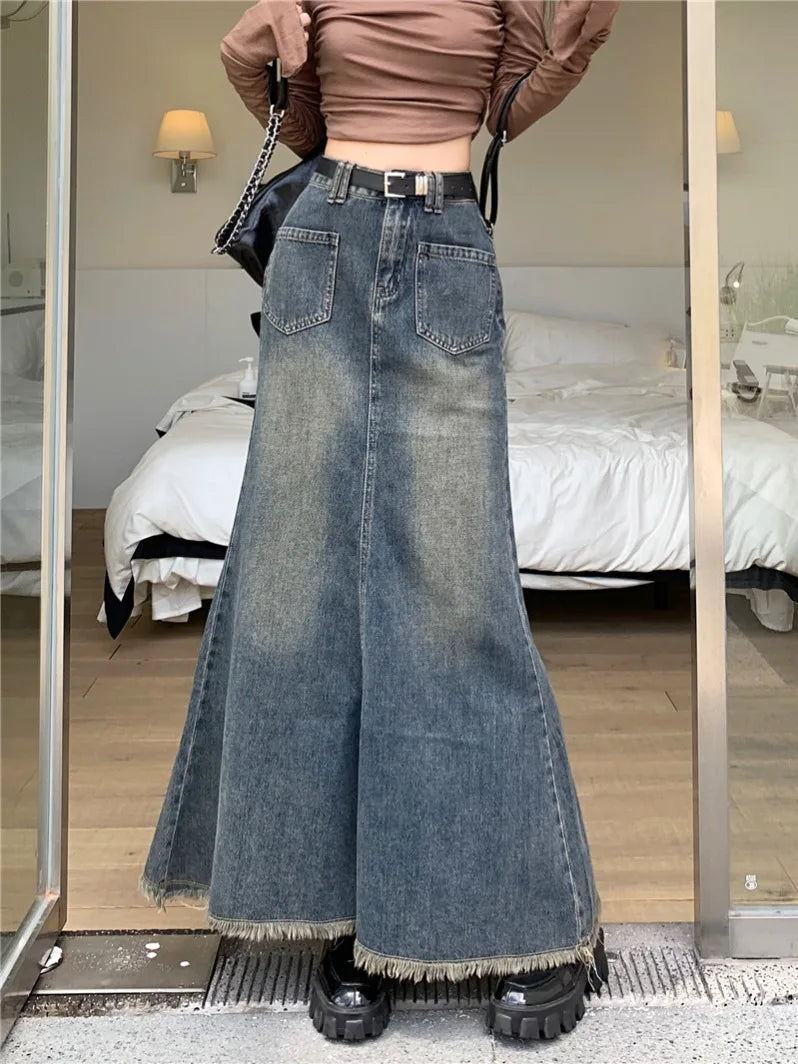 BXOXO Women Blue Denim Skirt Y2k Elegant A-Line Trumpet Skirt Harajuku Korean Vintage Fashion 90s High Waist Jean Skirts 2000s Clothes