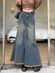 BXOXO Women Blue Denim Skirt Y2k Elegant A-Line Trumpet Skirt Harajuku Korean Vintage Fashion 90s High Waist Jean Skirts 2000s Clothes