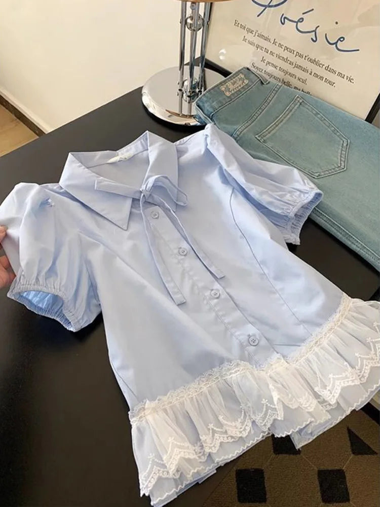BXOXO Casual Sweet Blue Shirt Women Cute Lace Patchwork Bow Blouse Vintage French Preppy Style Short Sleeve Elegant Kawaii Tops