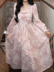 BXOXO Sweet Pink Princess Dress Women Vintage Floral Print Puff Sleeve Dress Female French Style Elegant Kawaii Lace Bow Long Dresses
