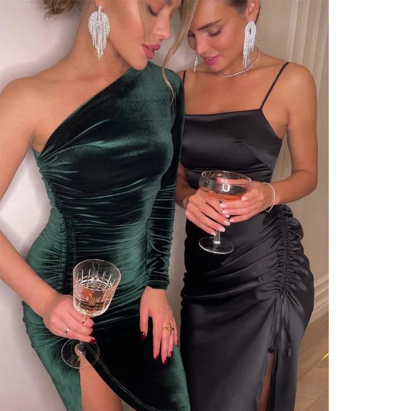 Bxoxo Women Elegant Long Sleeve Party Evening Velvet Bodycon Split Pencil Midi Dress 2024 Spring Autumn Clothes