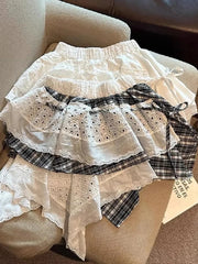 Bxoxo Y2K Plaid Patchwork Skirt Women Vintage Casual High Waist Streetwear Mini Skirts Retro Harajuku American Irregular Skirt