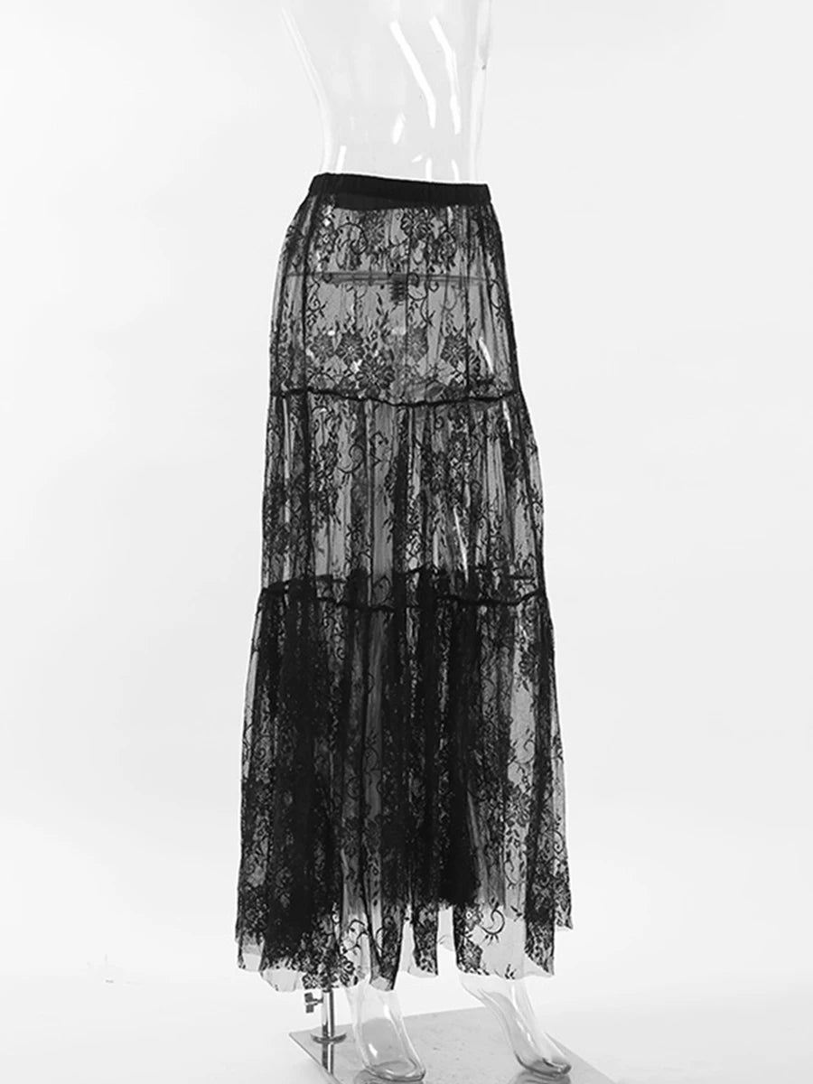 Bxoxo New Jacquard Lace Sheer Long Skirt Women Elastic Waist White Sexy Transparent Maxi Skirts Female Streetwear Fashion Faldas Jupe