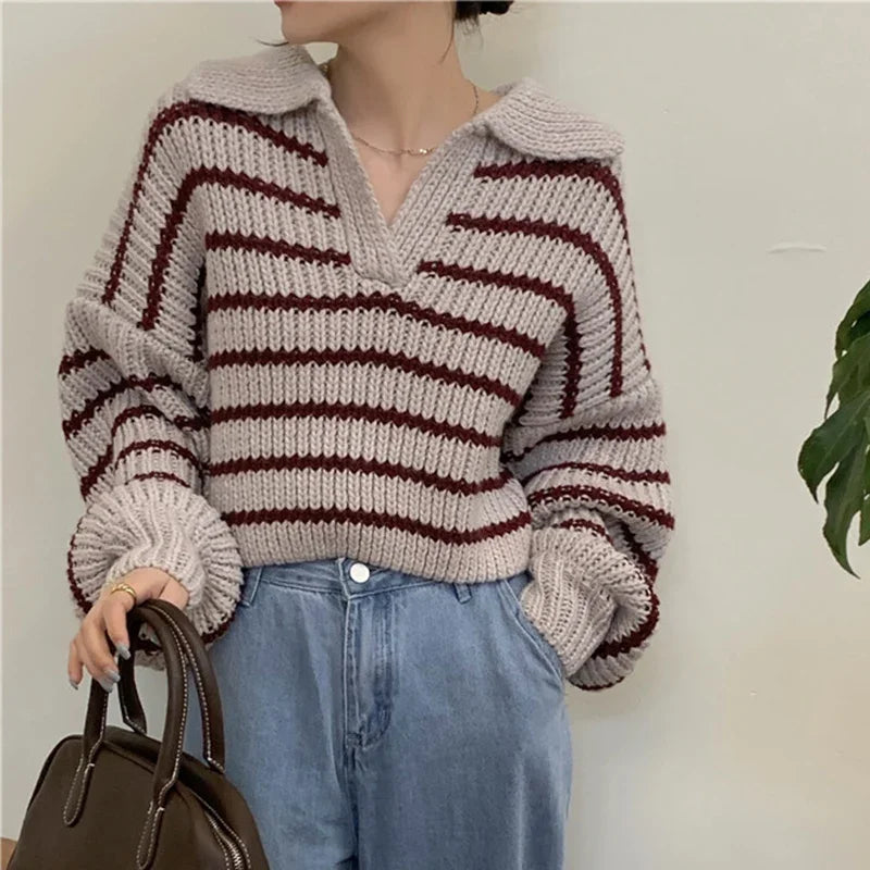 Bxoxo Vintage Striped Cropped Sweater Women Fall Winter Korean Preppy Knit Jumper Female Loose Long Sleeve Turndown Collar Pullovers