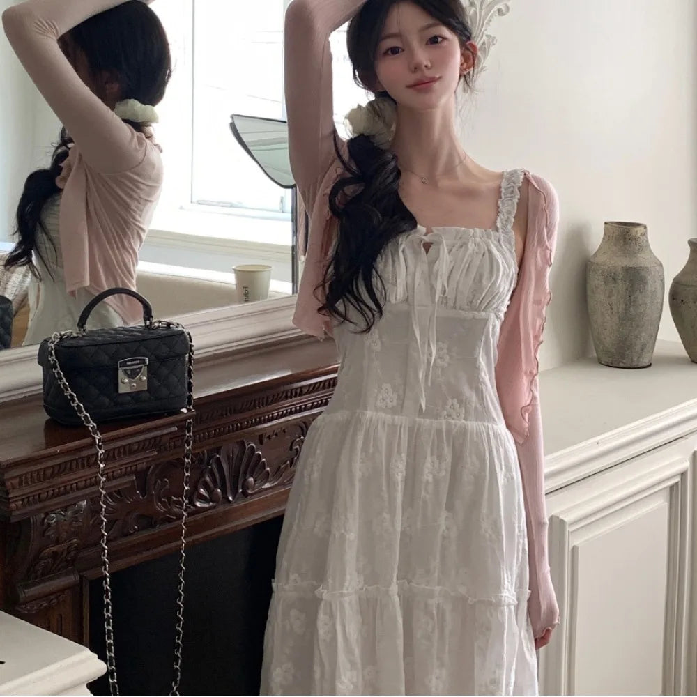 Bxoxo Sweet Korean Sle Women's Dr with Waist Cinching Wooden  Bells Dstring Strap Long Skirt Fre Spring Summer