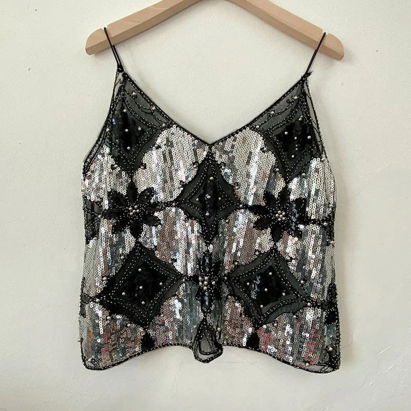 BXOXO Bling Sequined Tanks Tops Women Sexy Beaded Work Mesh Tops Chic Women Sparkly Cami Vest Femme Summer Streetwear