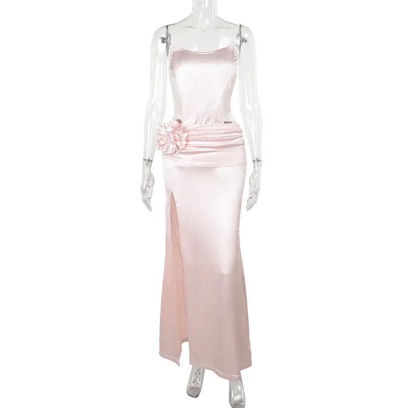 BXOXO Fashion Strapless Satin Birthday Party Dresses for Women Pink Sleeveless Backless Folds Long Evening Dress Lady Split Prom Gowns