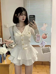 Bxoxo Long Sleeve Knit Tops Skirt 2 Piece Set Women Fashion Single Breasted Crop Cardigan Y2K High Waist All Match Mini Skirts Sets