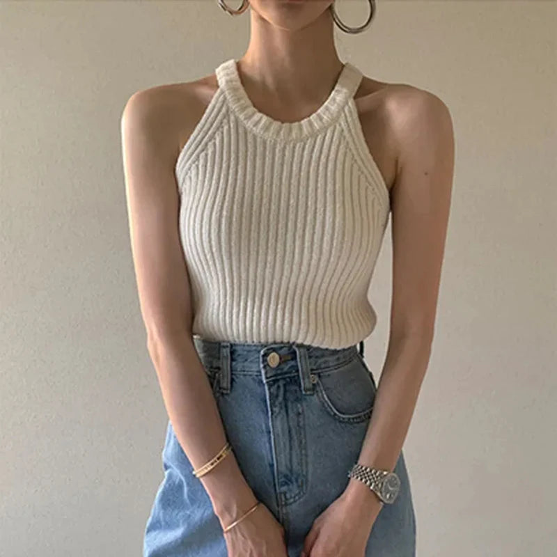Bxoxo Elegant Slim Knitted Camis for Women Summer Korean Chic O Neck Sleeveless Tank Y2K Solid Simple Basic All Match Vest Mujer
