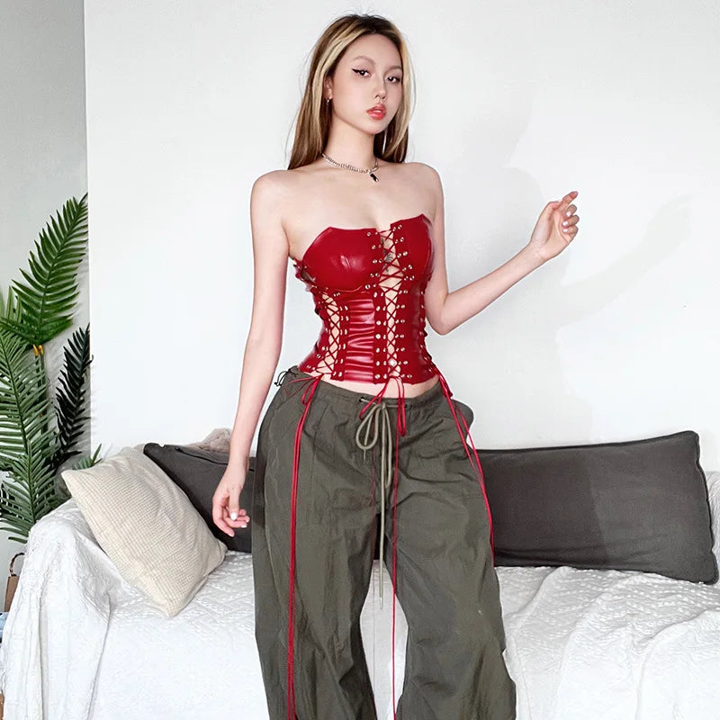 Bxoxo Sexy Gothic Women PU Leather Corsets Bustiers Lace-up Bandage Crown Girdle Slim Waist Back Zipper Strap Corset Tops Curve Shaper