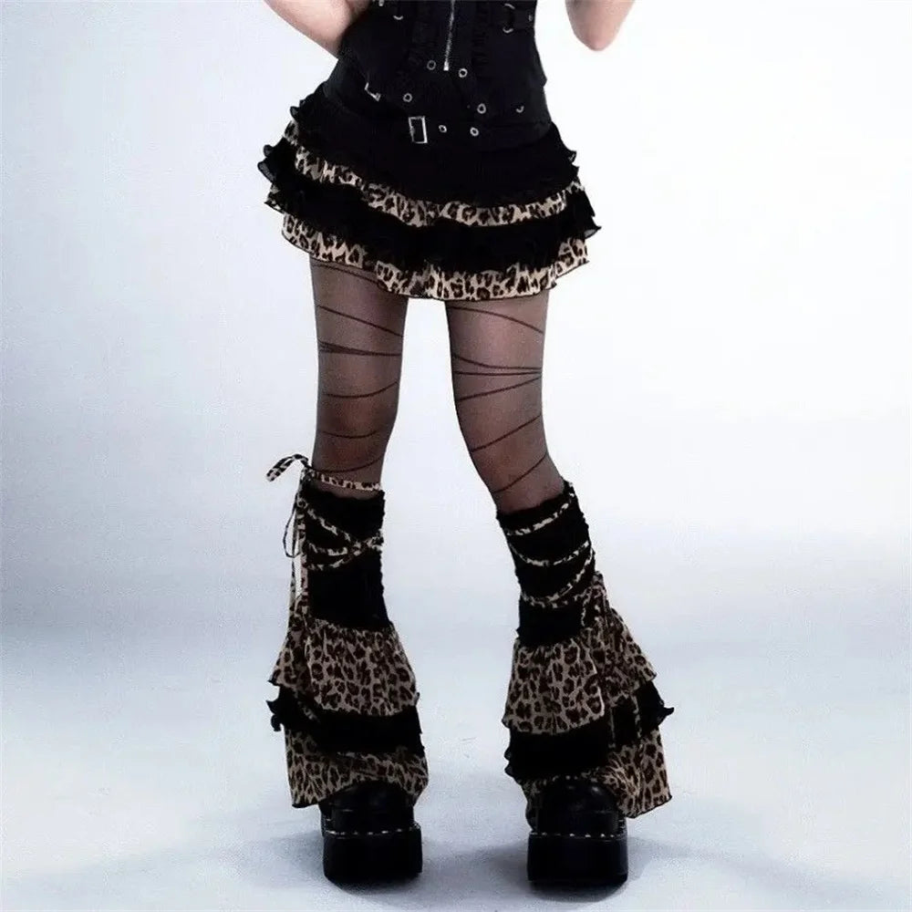 Bxoxo Y2K Leopard Print Ruffle Kawaii Vintage Skirts Goth Black Aesthetic Subculture Short High Waist Punk Cake Fluffy Cute Slim Skirt