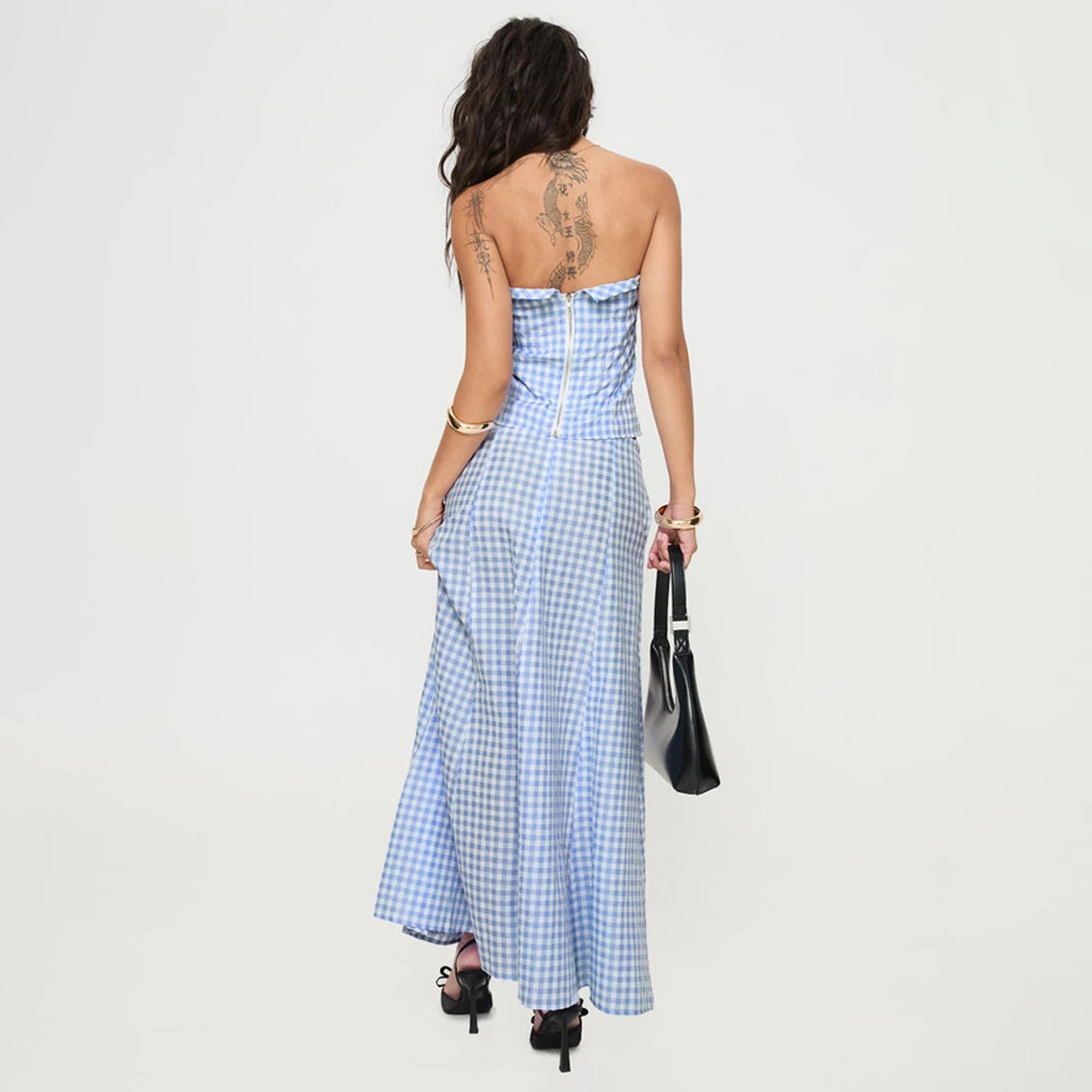 BXOXO Y2k Women's 2 Piece Outfits Summer Plaid Maxi Skirt Set Crop Tube Crop Tops and Flowy Hem Long Skirt Sets Aesthetic