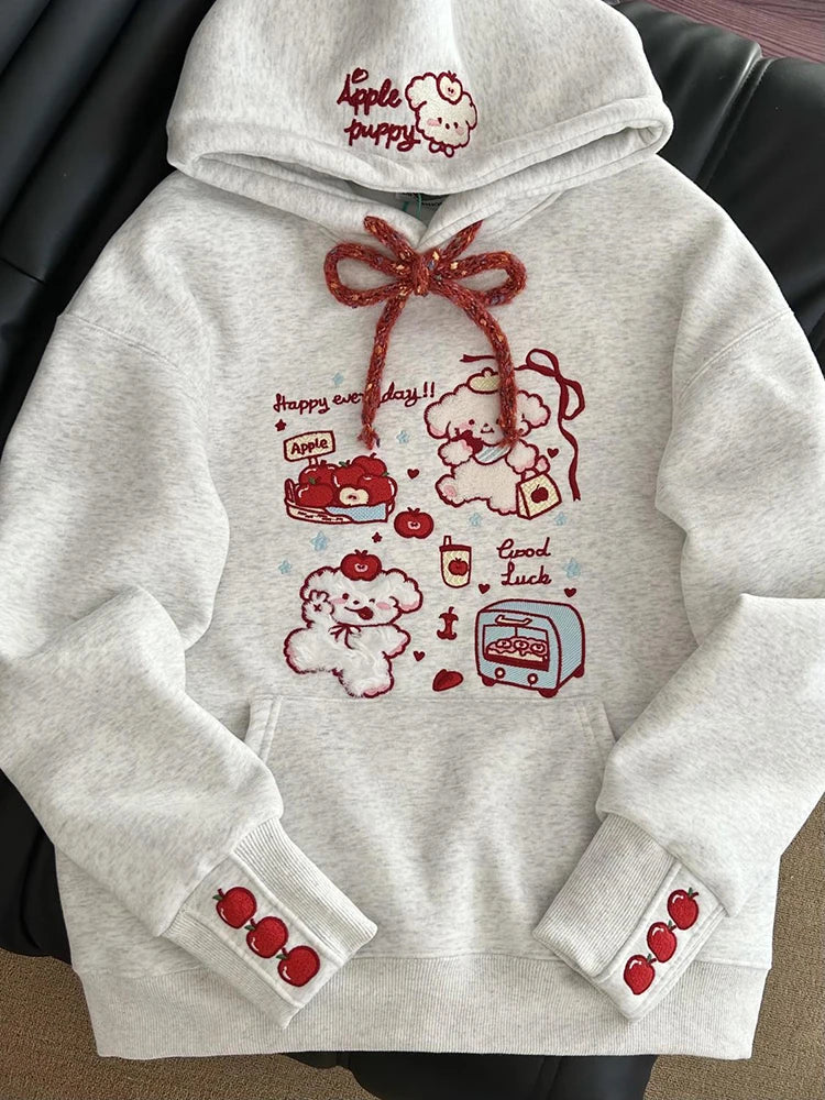 Bxoxo Cartoon Embroidered Women Hoodie Winter Thick Preppy Long Sleeve Pullover Y2K Korean Fashion All-Match Loose Female Sweatshirts