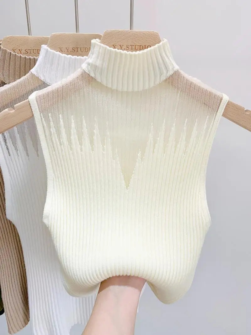 BXOXO Mesh Hanging Neck Semi-high Neck Knitted Small Vest Female Undershirt Sweater Sleeveless T-shirt Short Tanks Female