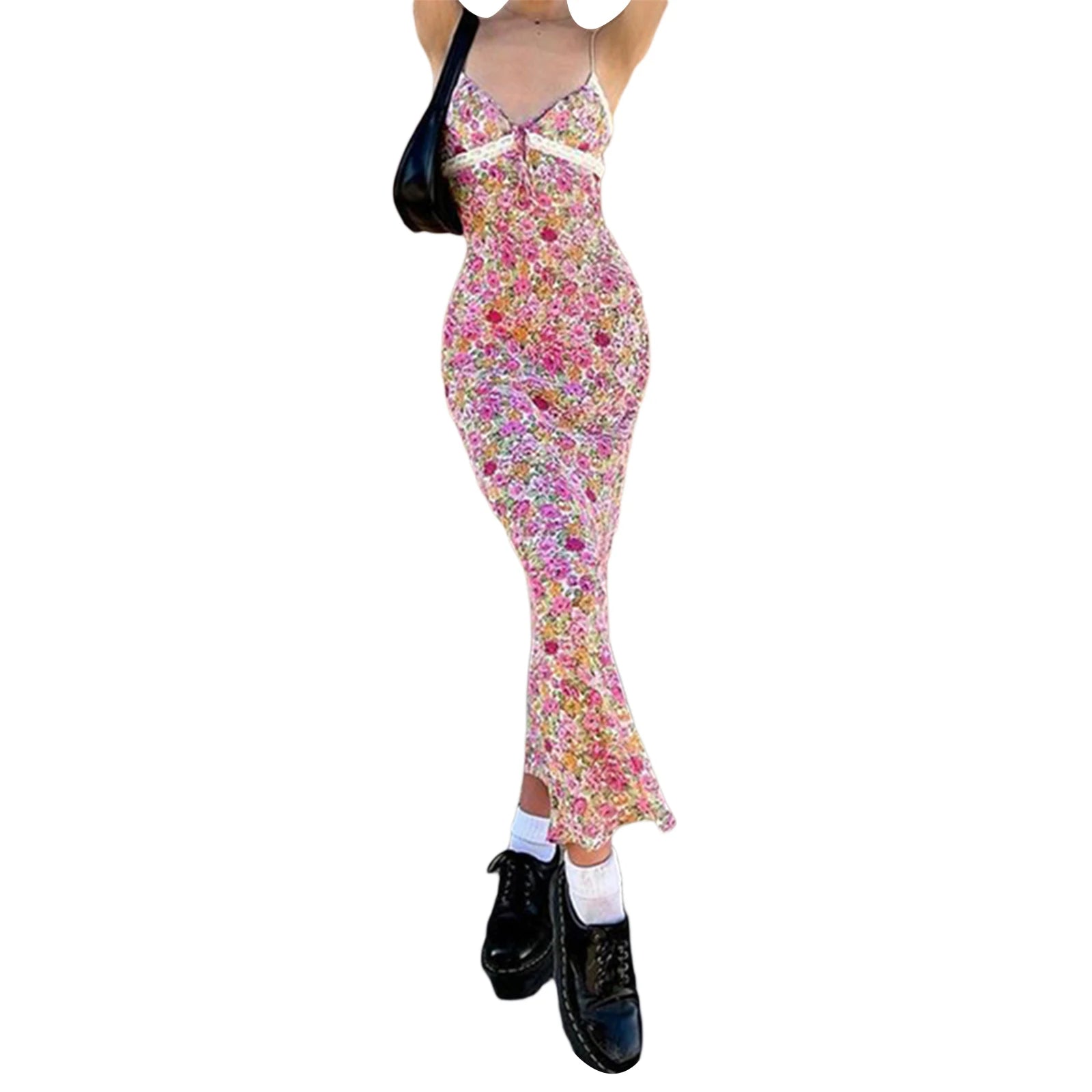 BXOXO Women Sleeveless Y2k Sexy Beach Style Camisole Dress with Flower Pattern Lace Patchwork V Neck Long Type Summer Clothing