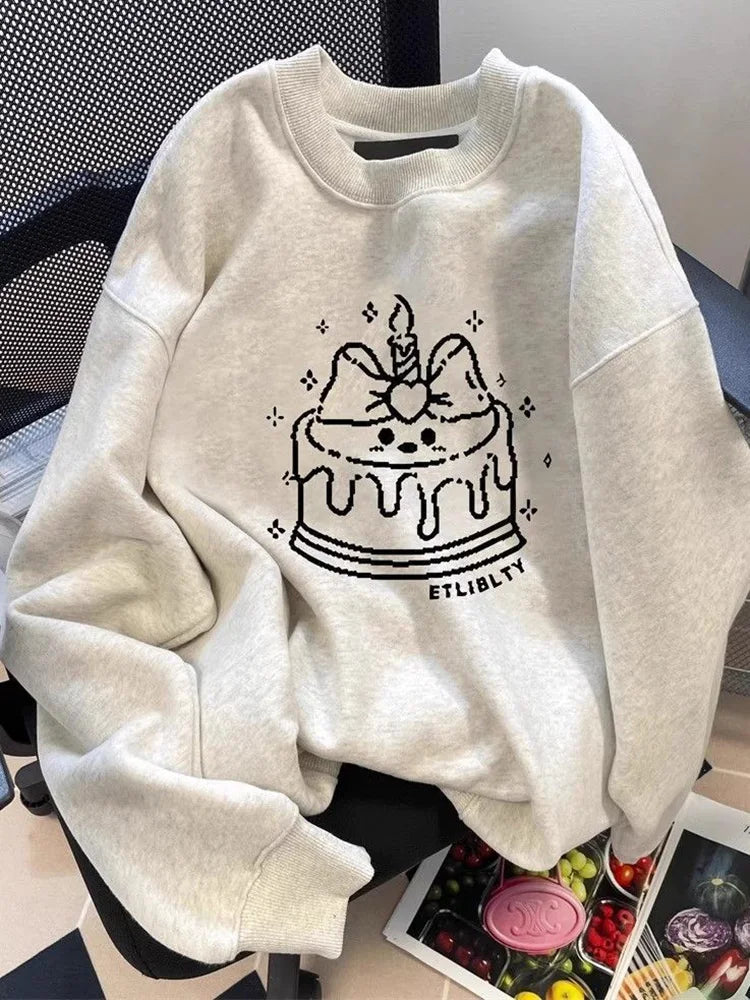 Bxoxo Cute Cake Print Sweatshirt Women Long Sleeve Loose Japan Kawaii Pullovers Fall Preppy Style O Neck Vintage Casual Sweet New Tops