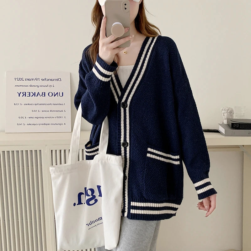 Bxoxo Women Cardigan Sweater Varsity Striped Front Pocket Long Sleeve Button-up Knit Sweater Jacket College Student Girl Preppy Style