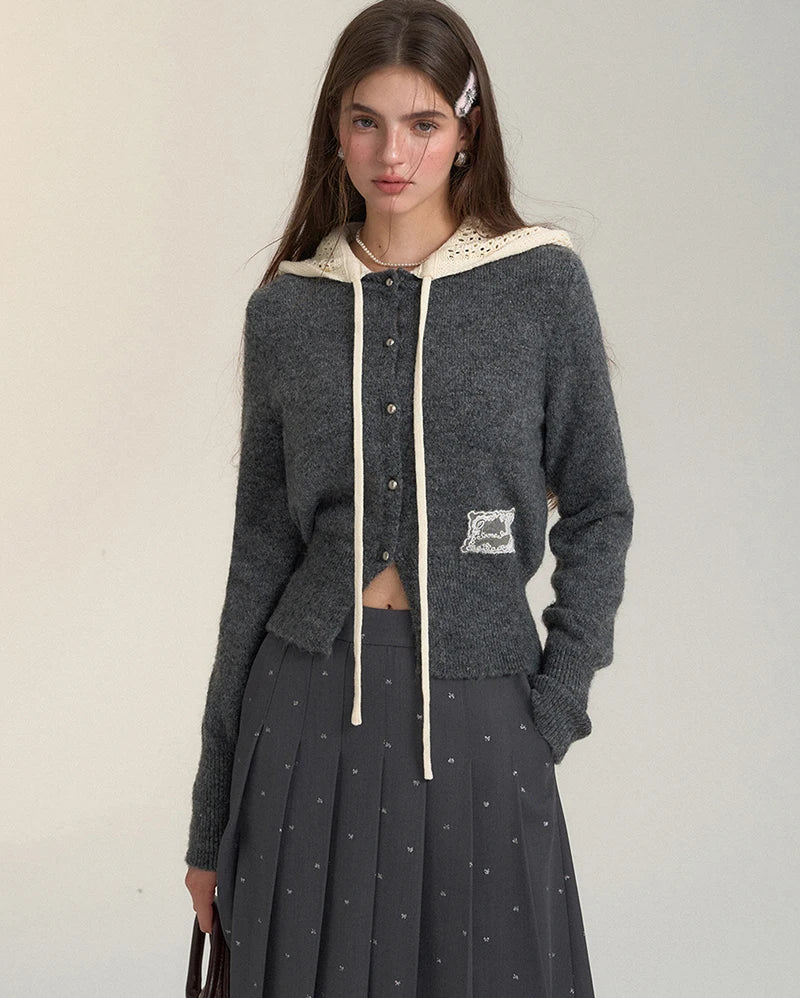 Bxoxo Vintage Streetwear Hooded Cardigan Women Long Sleeve Hollow Out Patchwork Knitted Sweaters American Retro Lace Up Lace Tops