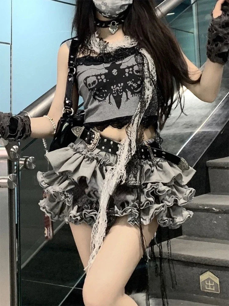 BXOXO Fashion Sweet Lace Slim Fit Camisole Tops Women+ Y2k Kpop High Waist Ruched Cake Skirts 2025 Summer New Two Piece Sets