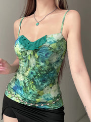 BXOXO French Chic Fashion Elegant Slim Camisole Tops Summer New Green Flower Print Blouses Design Elegant