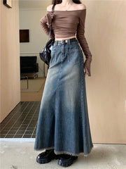BXOXO Women Blue Denim Skirt Y2k Elegant A-Line Trumpet Skirt Harajuku Korean Vintage Fashion 90s High Waist Jean Skirts 2000s Clothes