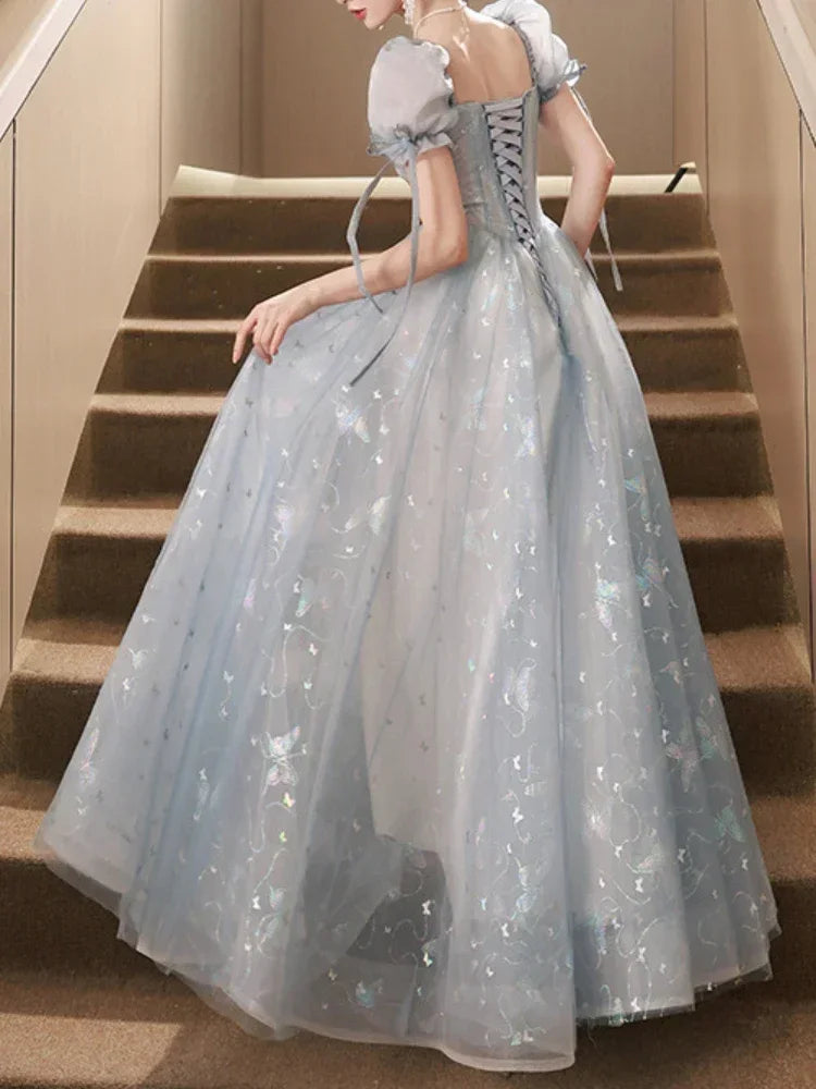 BXOXO Customized Simple Solid Square Collar Puff Sleeve Princess Prom Dress Front Cross Bow Design Slim A-line Vestidos High End Strap