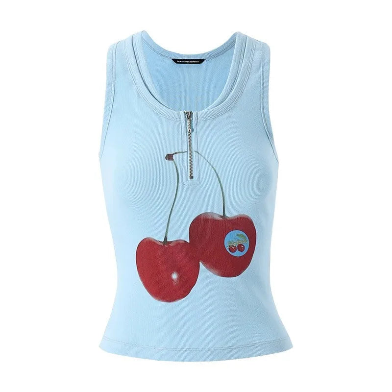 BXOXO Harajuku Print Vintage Tank Tops Women Sleeveless Zipper Y2k Grunge Crop Tops American Retro Tee Tops Summer Out Wear