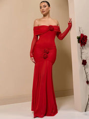 BXOXO  Off-shoulder Strapless Rose Sexy Maxi Dress For Women Fashion Long Sleeve Backless Ruched Bodycon Club Party Dress