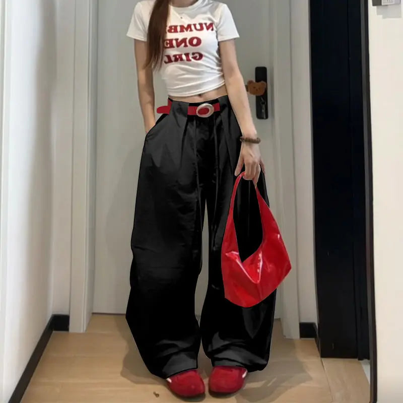 Bxoxo White Basic High Waist Wide Leg Women Pants Solid Color Korean Fashion Parachute Trousers Baggy Lace Up Youthful Summer