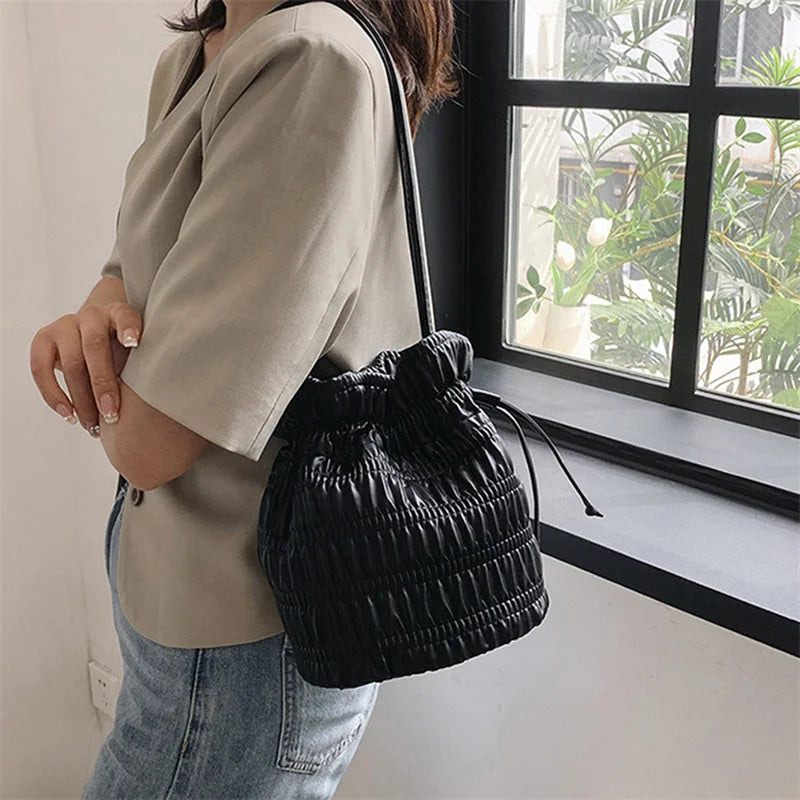 BXOXO Silver Black White Khkai Pink Pleated Women's Bucket Shaped Underarm Bag PU Leather Drawstring Handbags Sewing Y2K Soft Crossbod