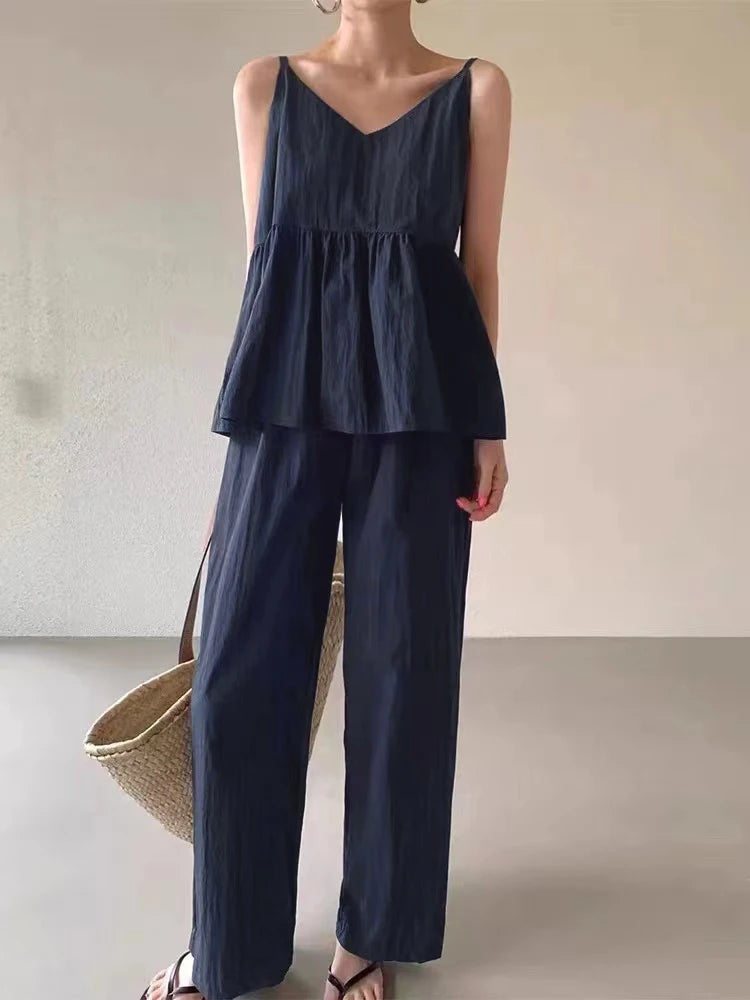 Bxoxo Chic Summer V-ne Casual Wide-leg Pants Set with Pleated Top + High-waist Faionable Women's Ensemble