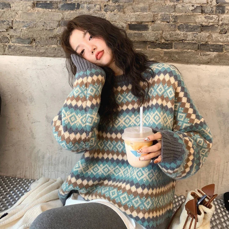 Bxoxo Winter Knitwear Pullover Sweaters For Women Top Blue Vintage Long Loose Autres Sweats Warm Korea Fashion Kawaii Jersey Jumper