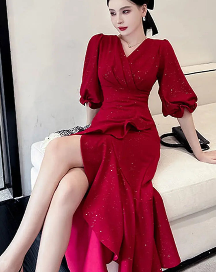 BXOXO Elegant Midi Red Mermaid Dress Women Autumn Korean Sexy V-neck Irregular Sequins Dress Vintage Casual Evening Party Dress