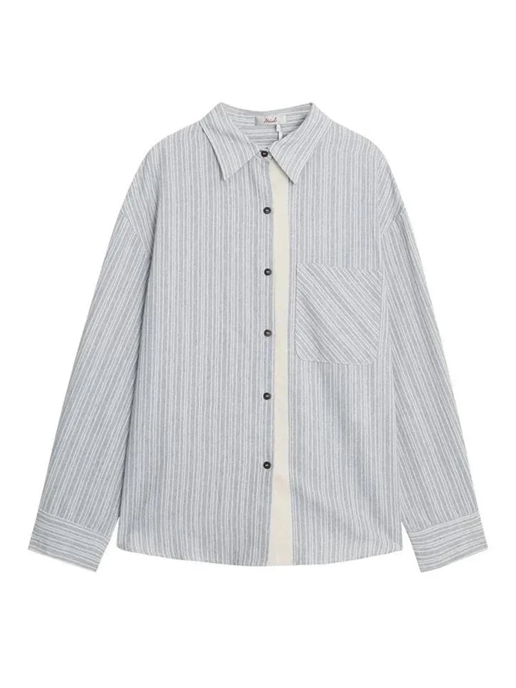 Bxoxo Preppy Style Sweet Striped Shirt Women Loose Casual Long Sleeve Blouse Fall New Vintage Pocket Korean Female Simple Retro Tops