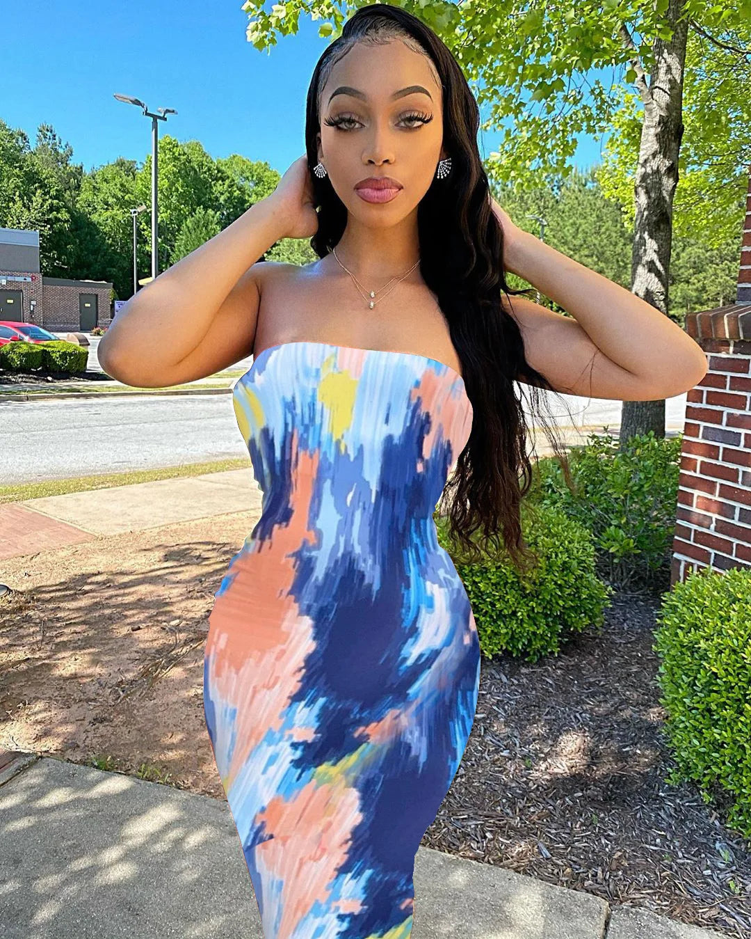 BXOXO Spring/Summer Women's Colorful Tie Dye Print Off Shoulder Wrapped Chest Dress