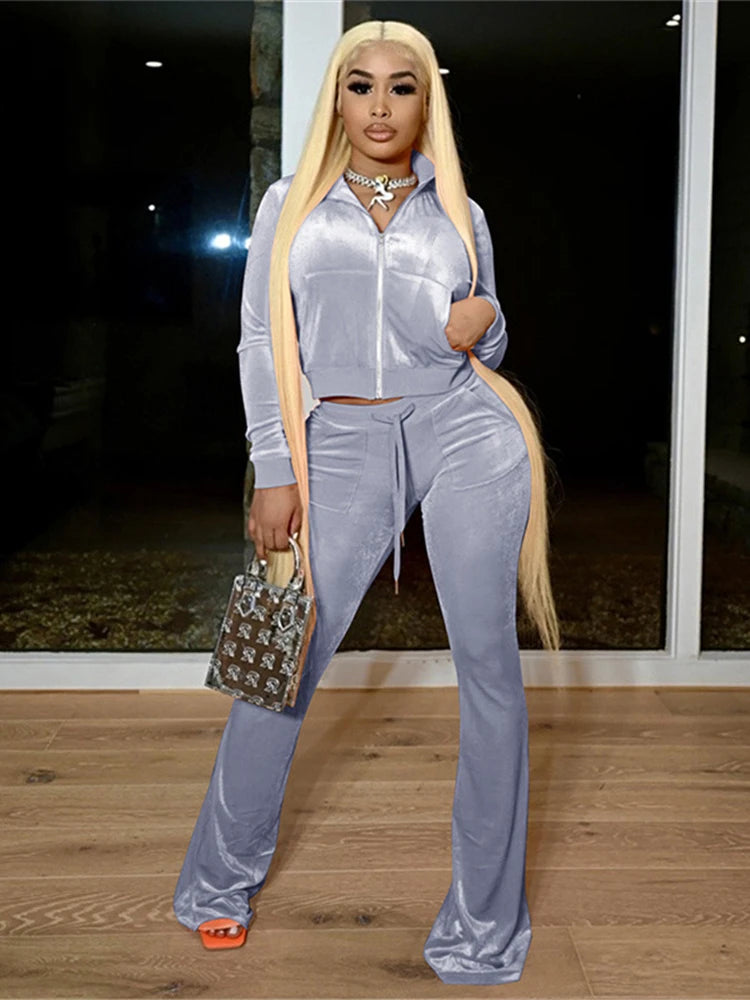 BXOXO Solid Velour Two Piece Set Women Simple Casual Zipper Long Sleeve Turtleneck Top+Bandage Lace Slim Female Wide Leg Pants