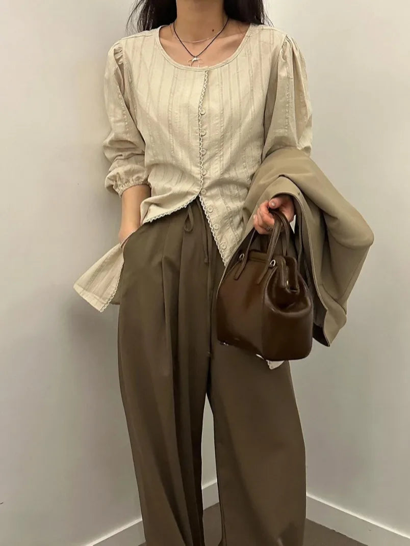 Bxoxo Chic Long Sve Embroidered Button Trim Striped irt Women's Faion Cotton 00% Versatile Sle Spring Collection